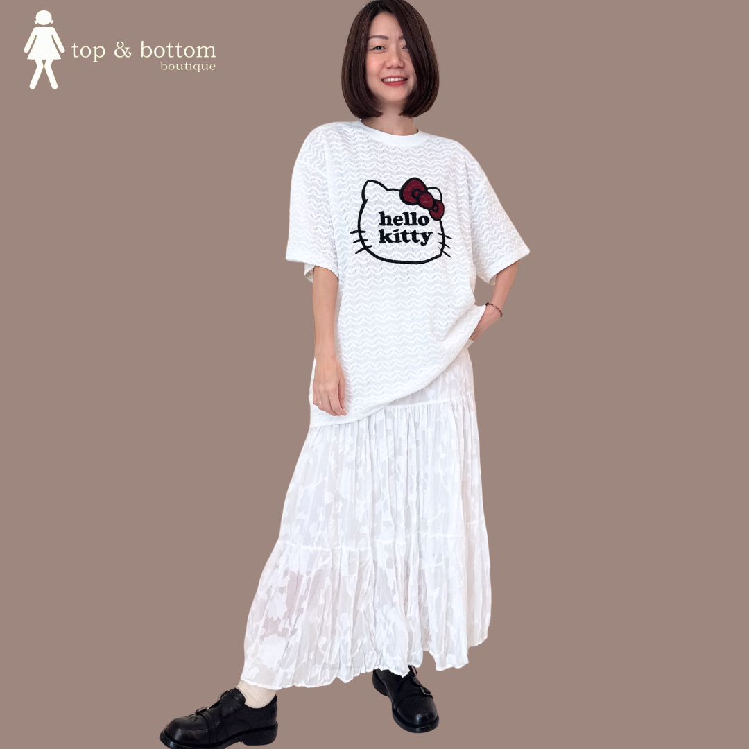SHORT SLEEVE EMBROIDERY HELLO KITTY LACE LONG TEE