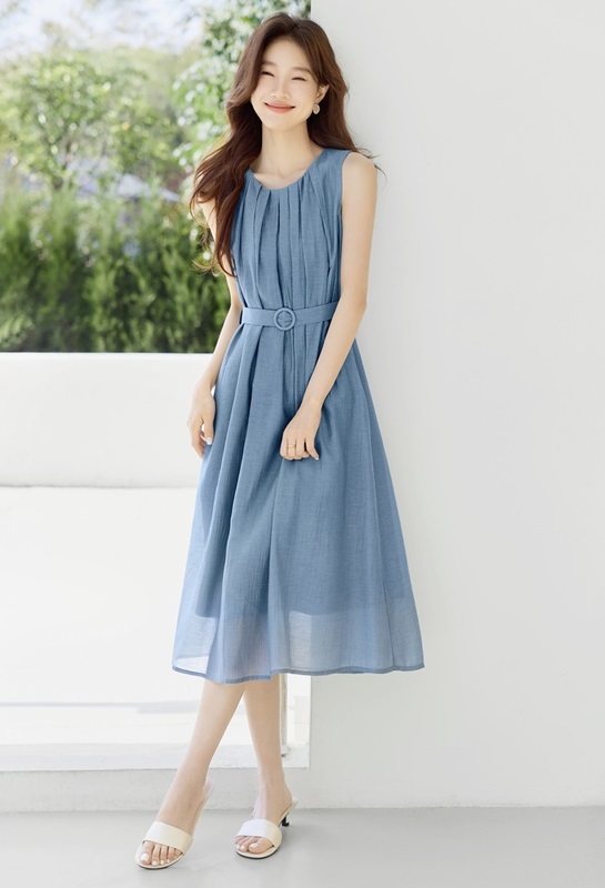 抓褶A字無袖洋裝 兩色