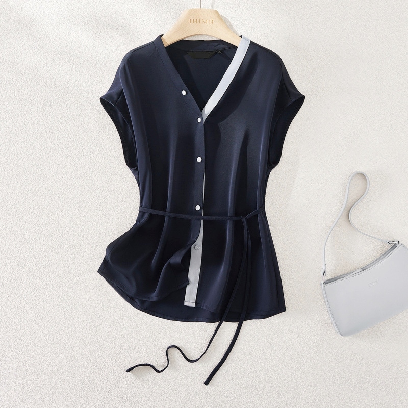 撞色V領雪紡襯衫 藏青