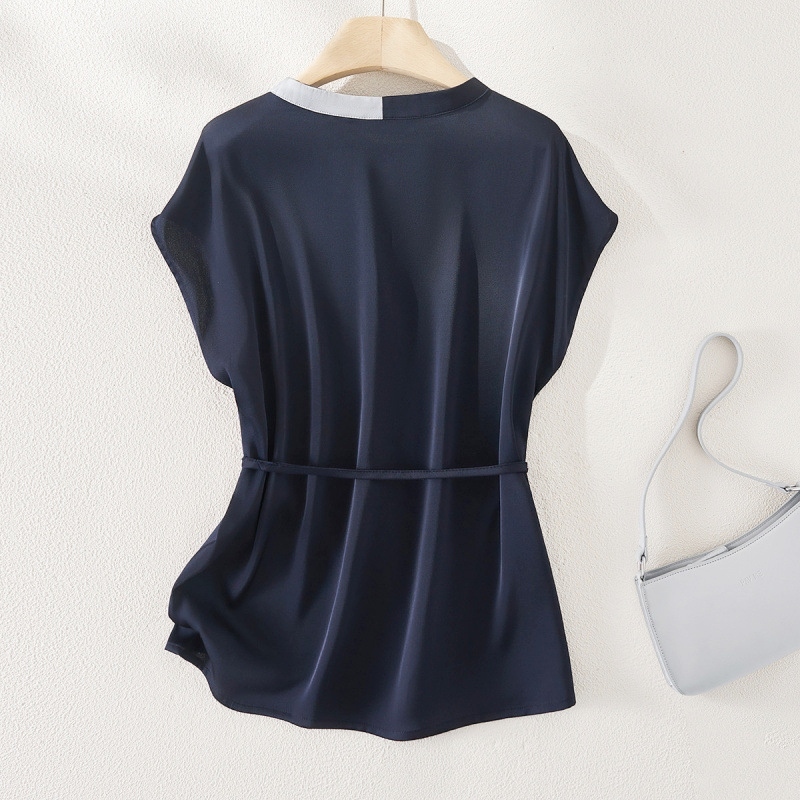 撞色V領雪紡襯衫 藏青