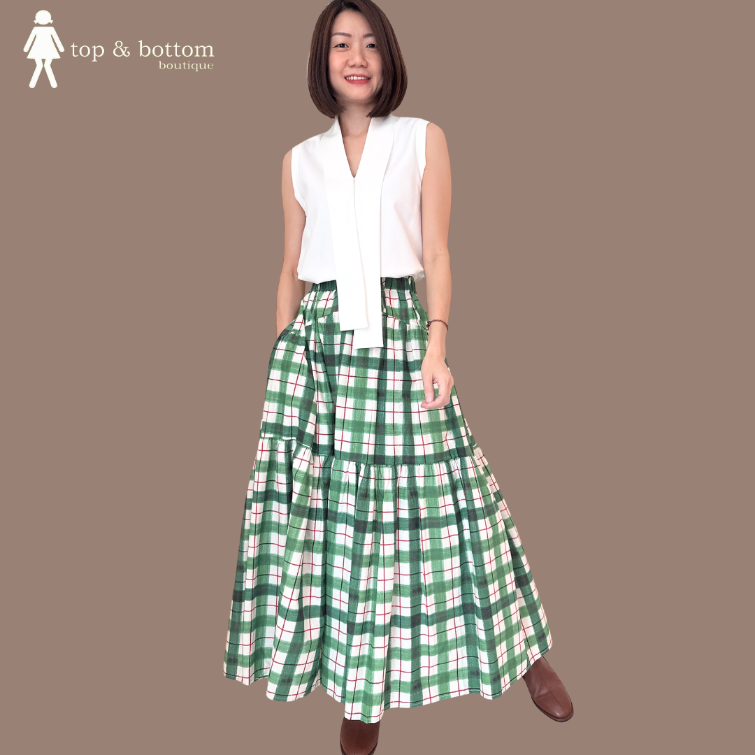 ELASTIC WAISTED CHECKED LONG SKIRT