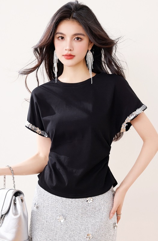 亮片袖柔棉上衣T恤 黑色
