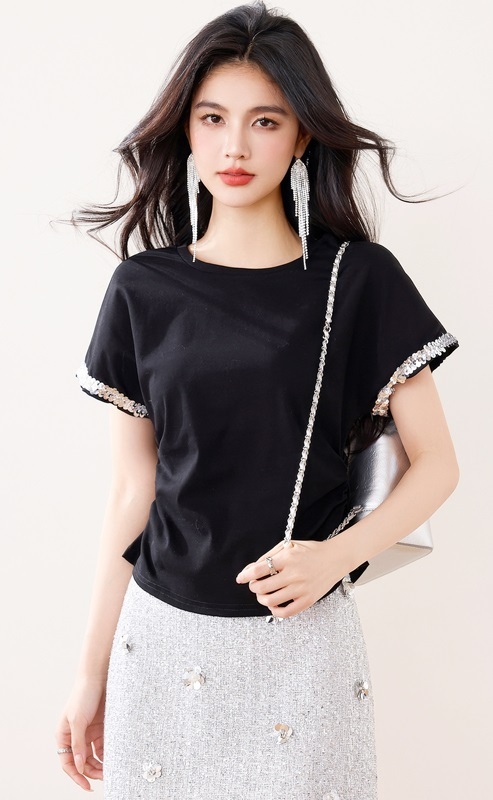 亮片袖柔棉上衣T恤 黑色