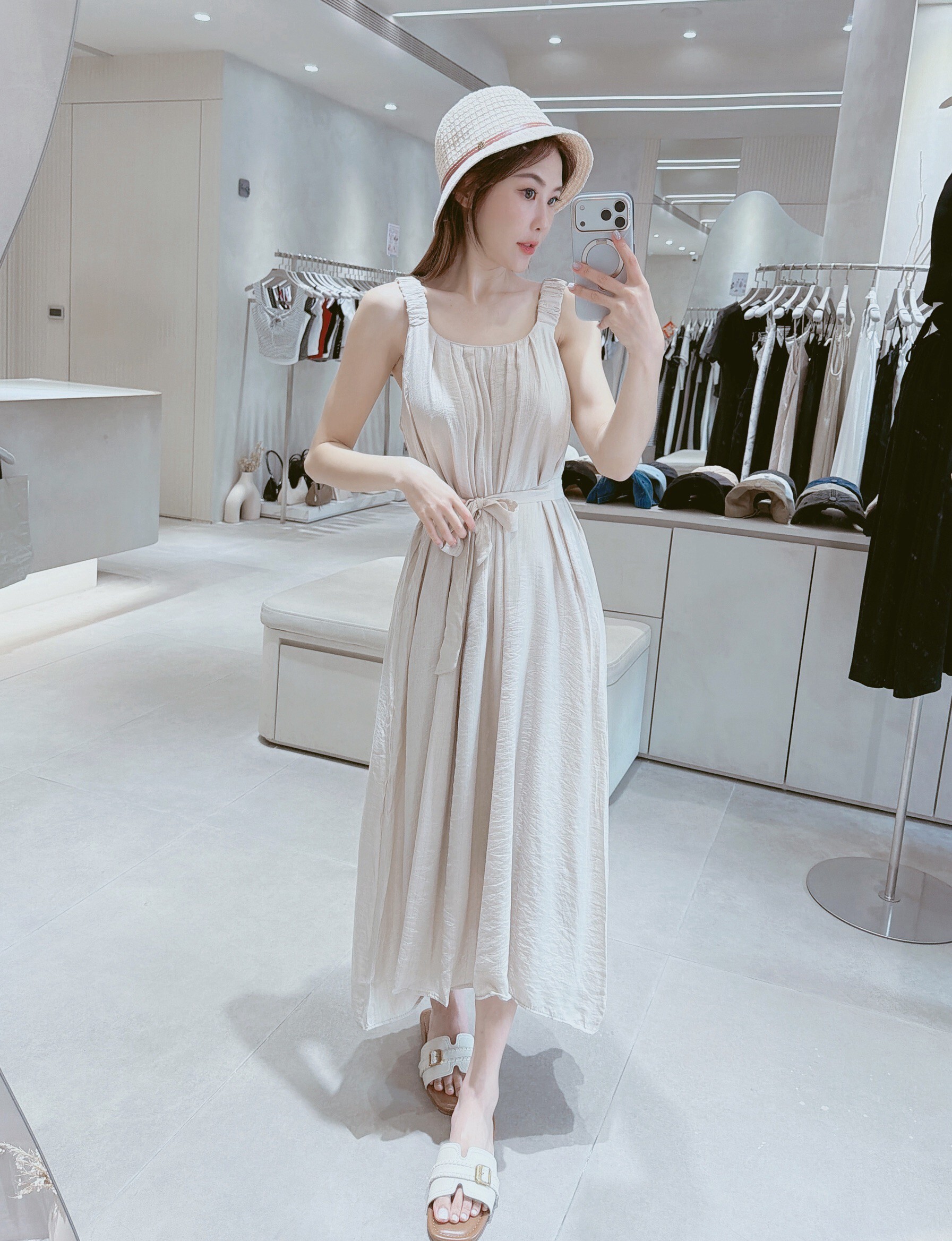 鬆緊肩腰綁帶雪紡背心長洋