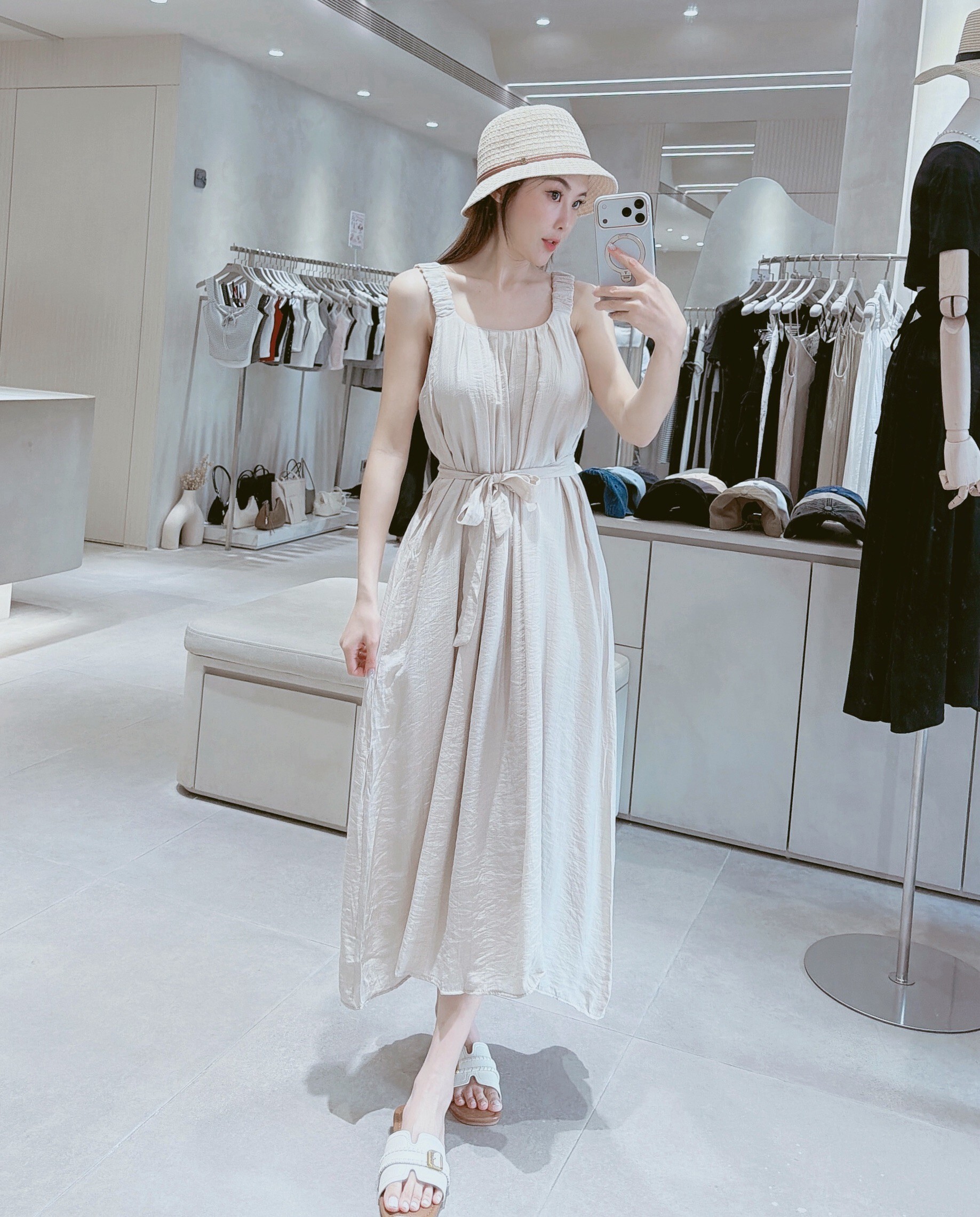 鬆緊肩腰綁帶雪紡背心長洋