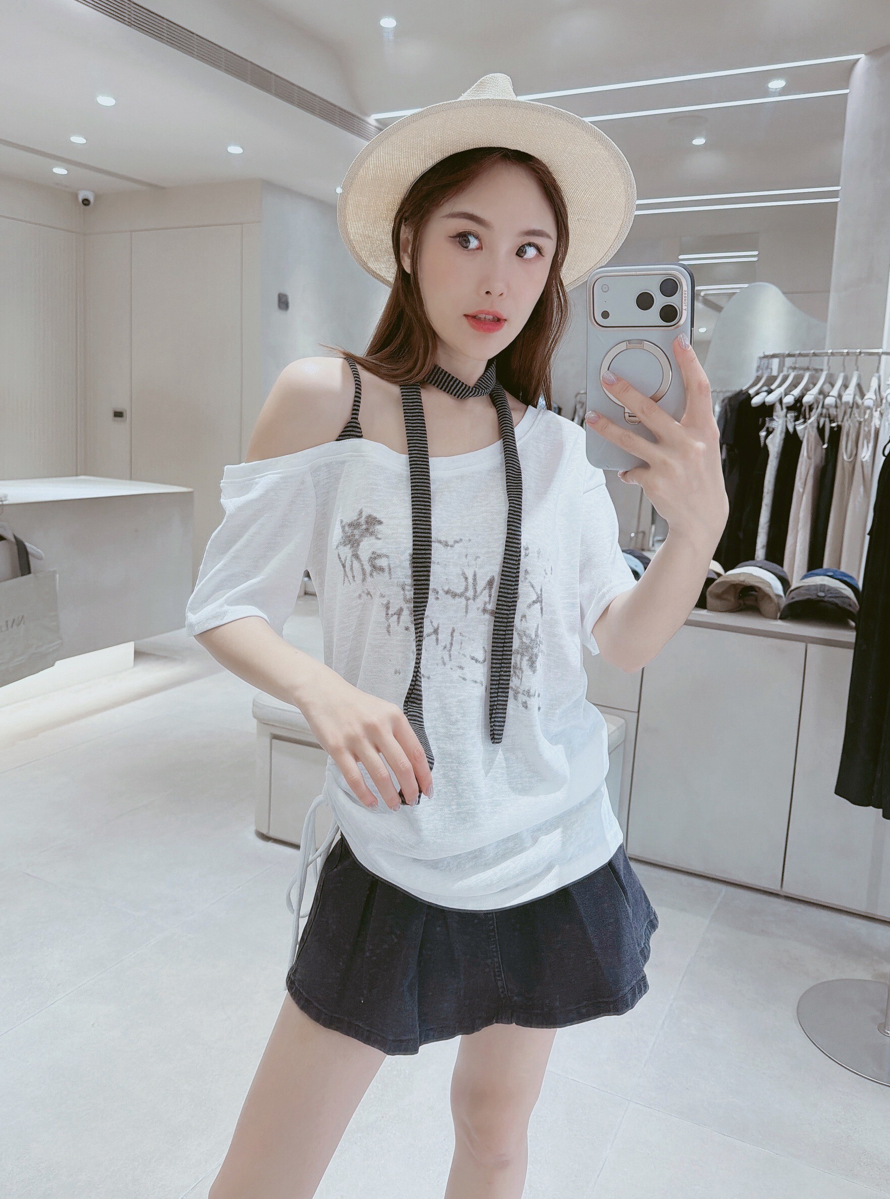 條紋繞脖+單肩側抽繩棉質衣