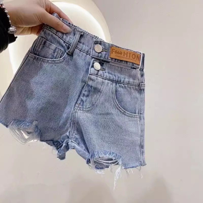 【H0690】時髦高腰兩釦割破牛仔短褲(90-160)