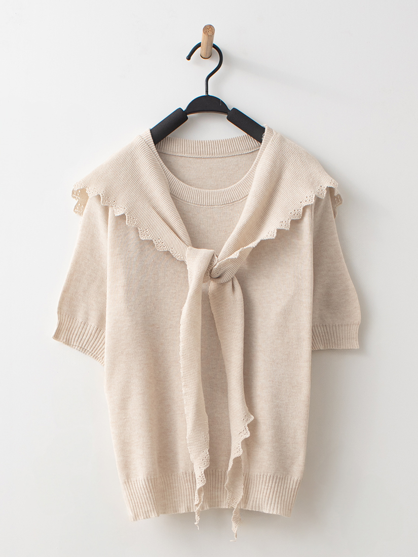 披肩兩件式針織上衣棉麻感點點九分寬褲組合