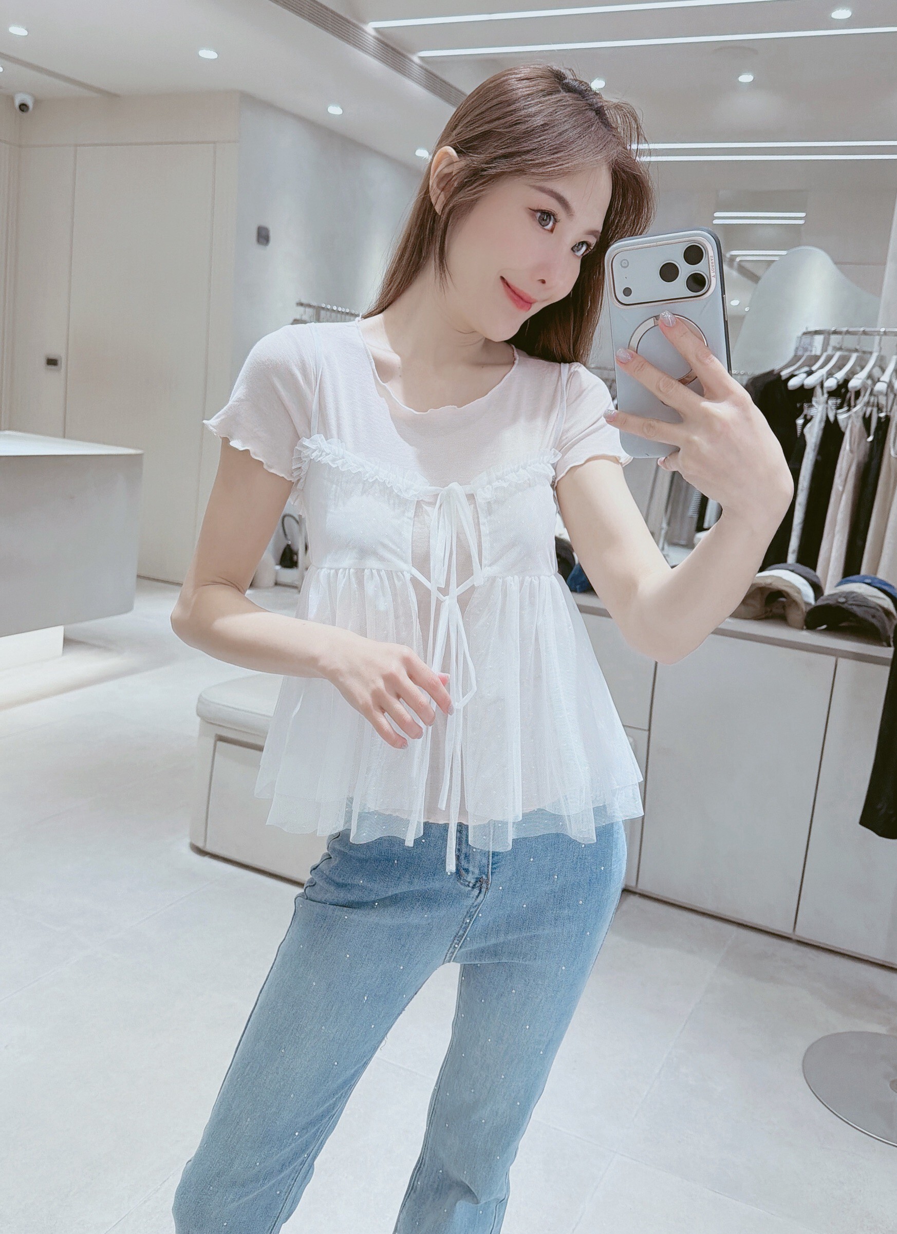 點點透紗背心+捲邊棉質衣