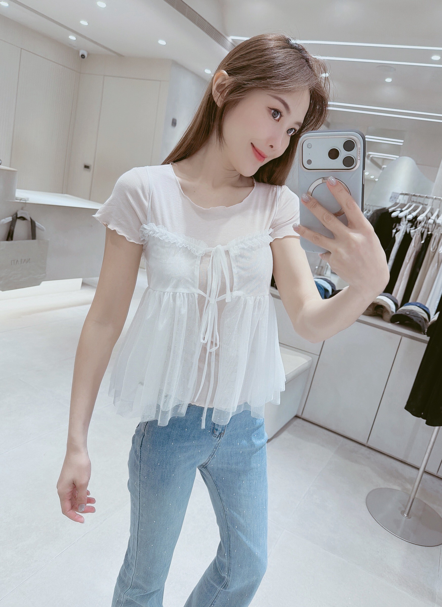 點點透紗背心+捲邊棉質衣