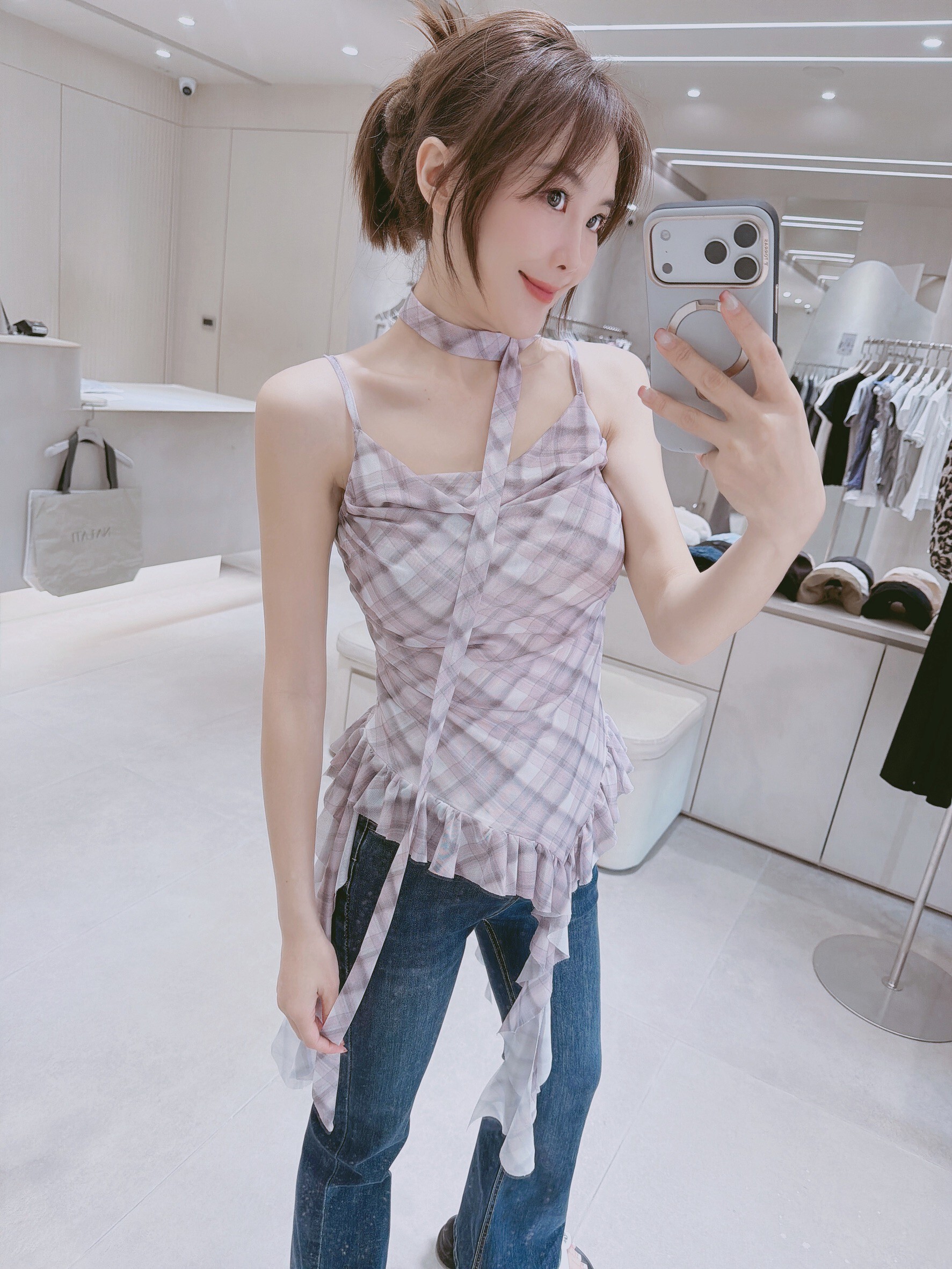 格紋繞脖+不規則格紋造型背心