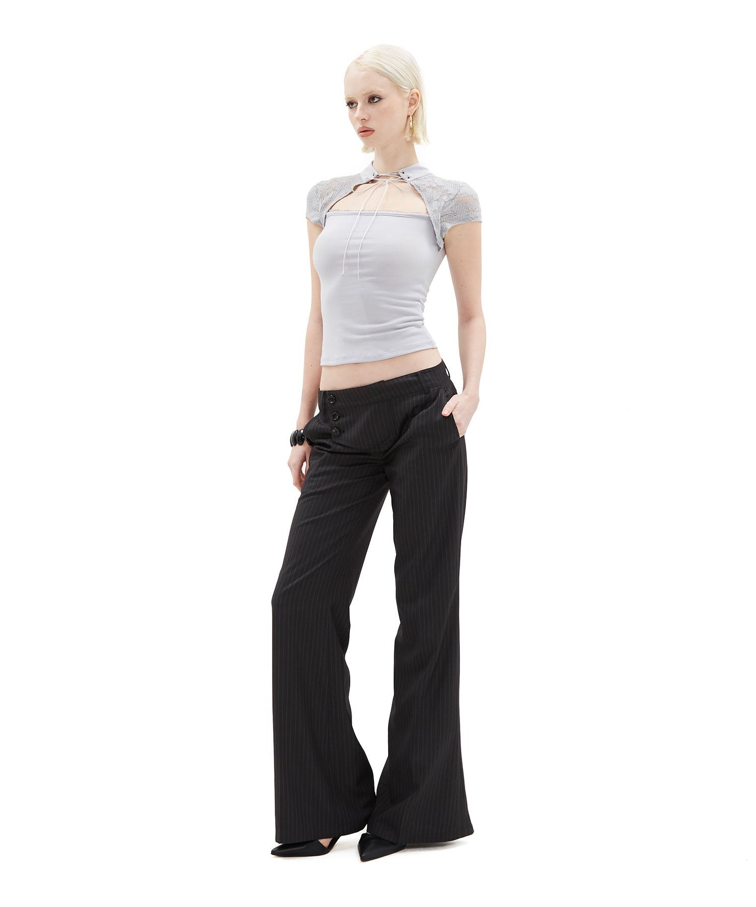 HILLDA 高領蕾絲合身上衣 [灰色] HDT018G