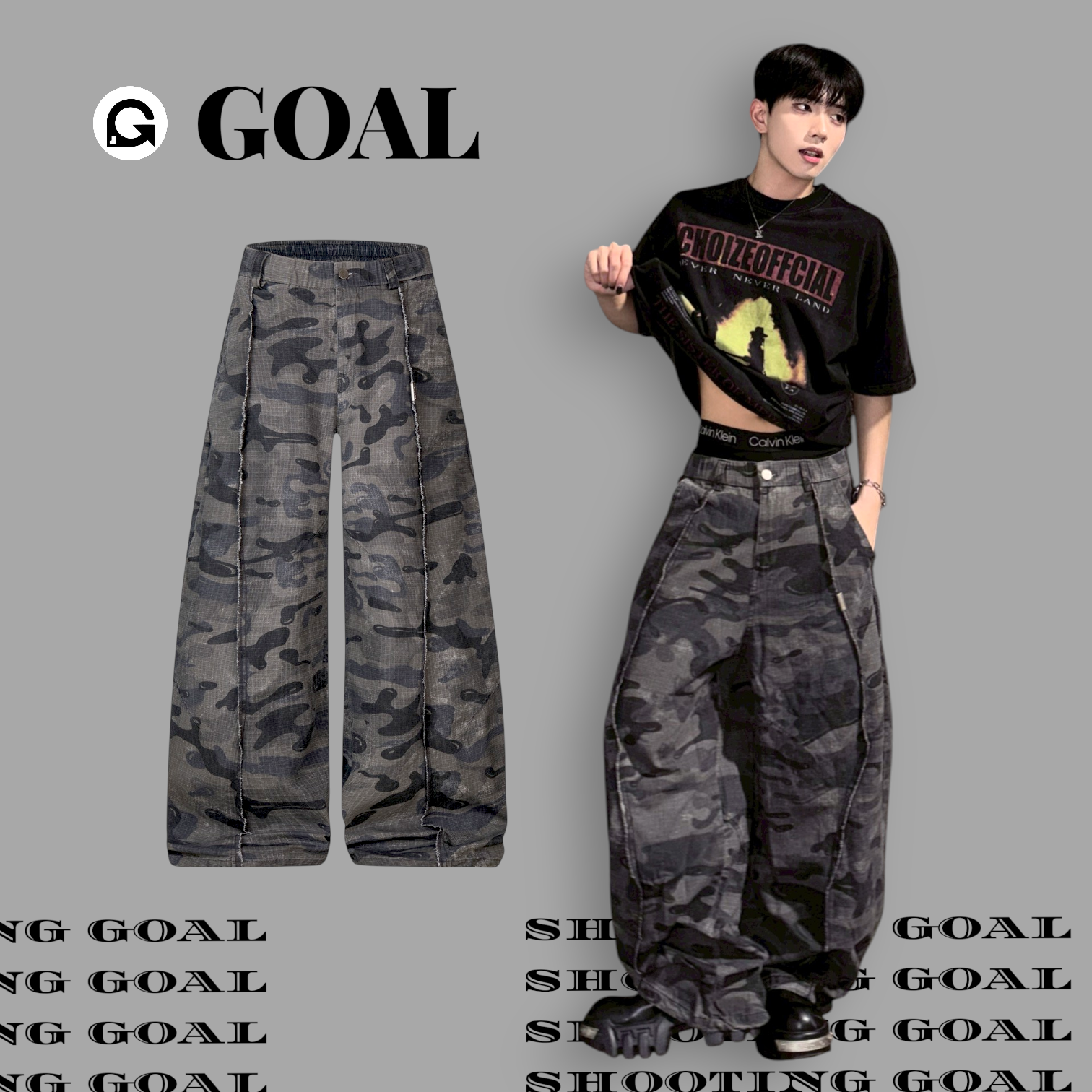 (GOAL) 車線 迷彩 闊腿彎刀褲 ERHU 25067