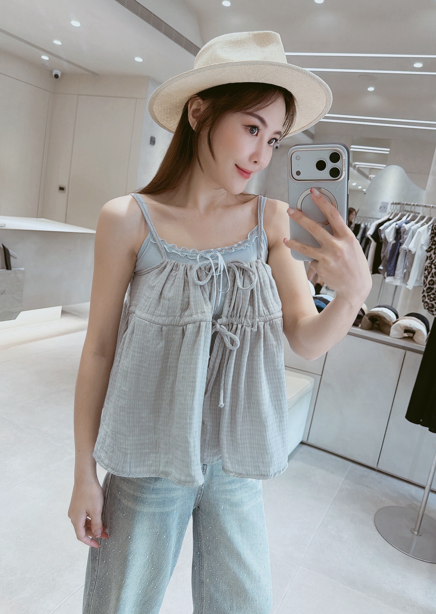 蕾絲邊背心+前綁亞麻背心