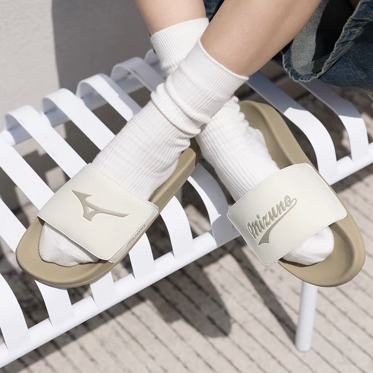 MIZUNO SLIPPER 米白綠 撞色 拼接 防滑拖鞋 魔鬼粘 美津濃 D1GH242003
