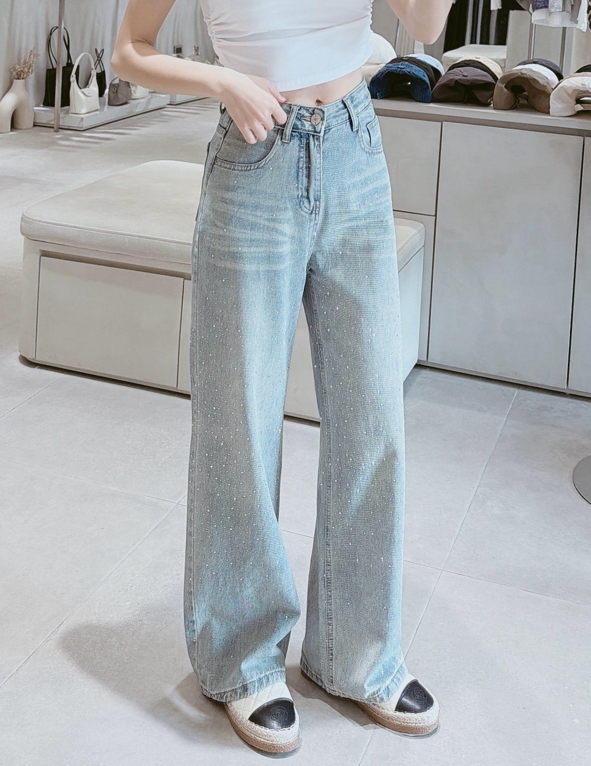 後標貼鑽復古牛仔寬褲 9923