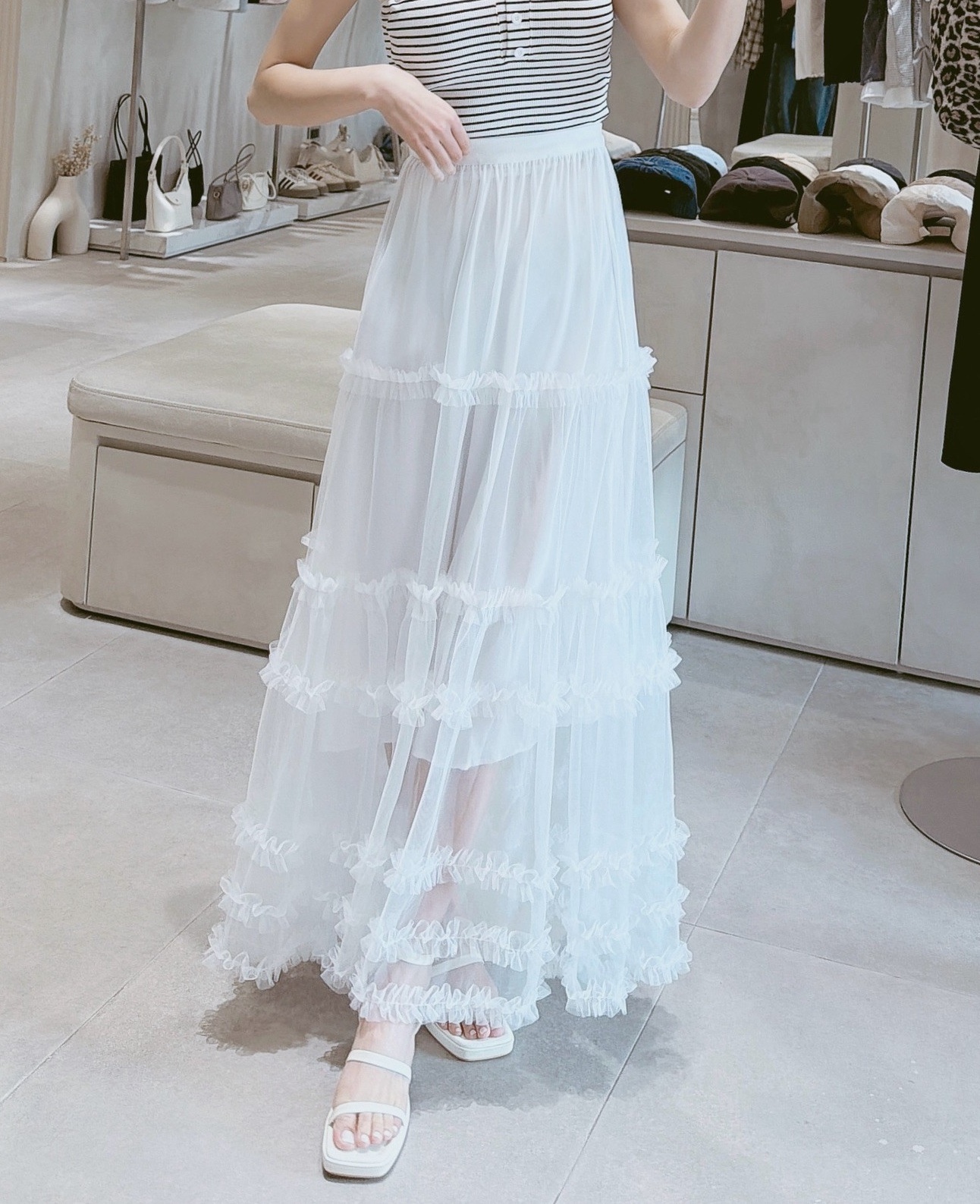 拼接荷葉透紗雙層長裙