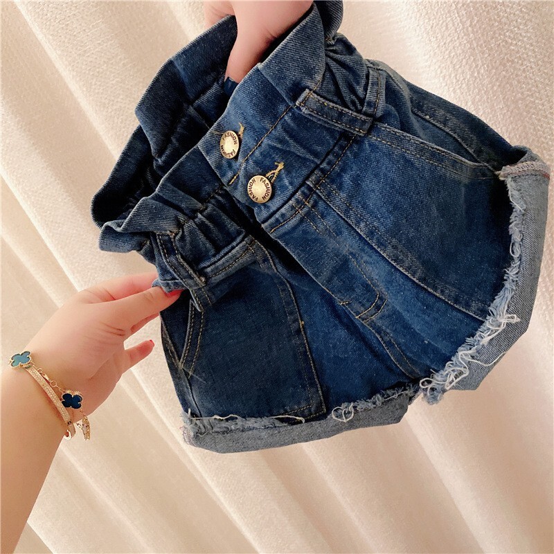 【H0696】復古高腰花邊牛仔短褲(100-160)