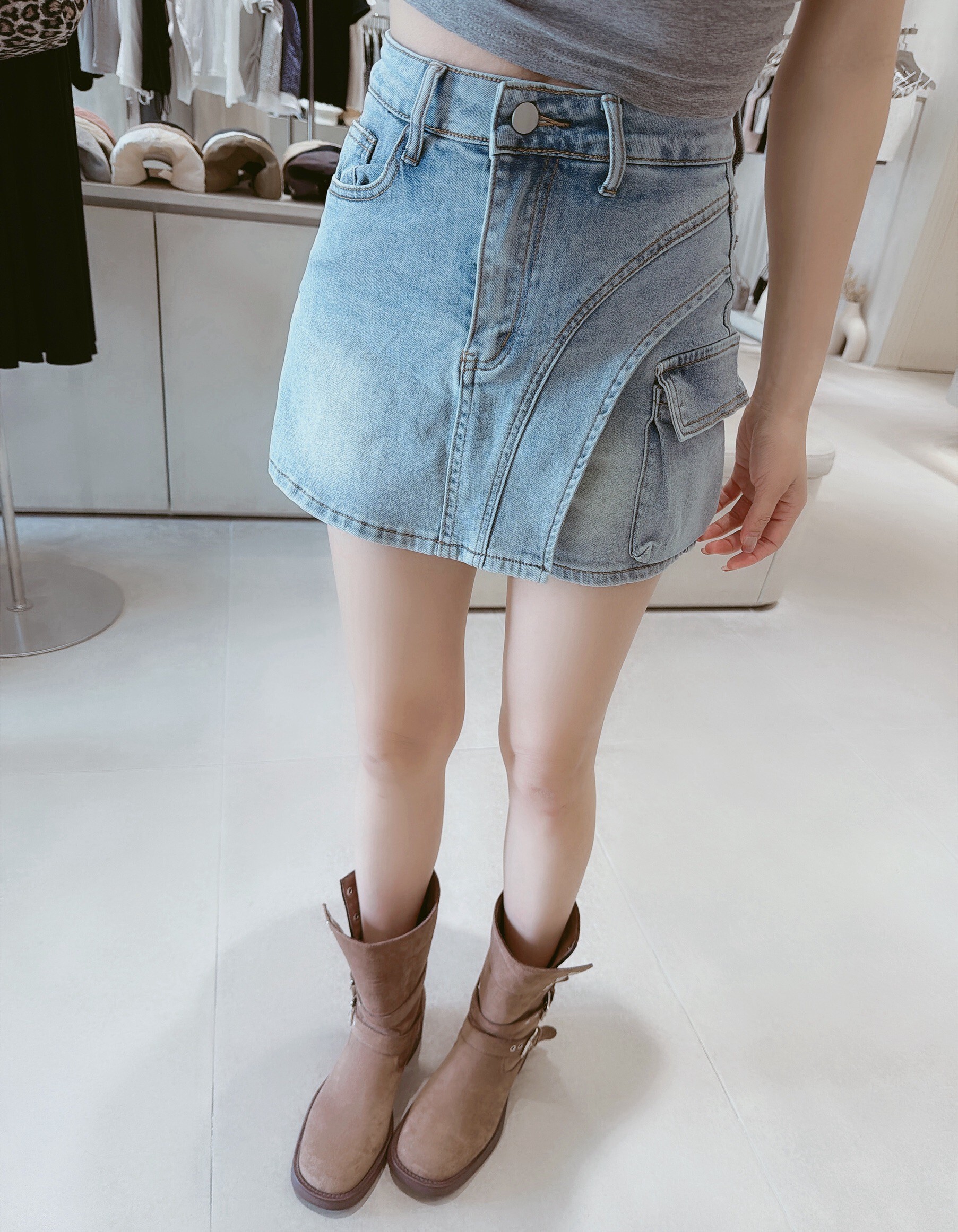 斜邊側口袋牛仔褲裙 8009淺藍 8010煙灰