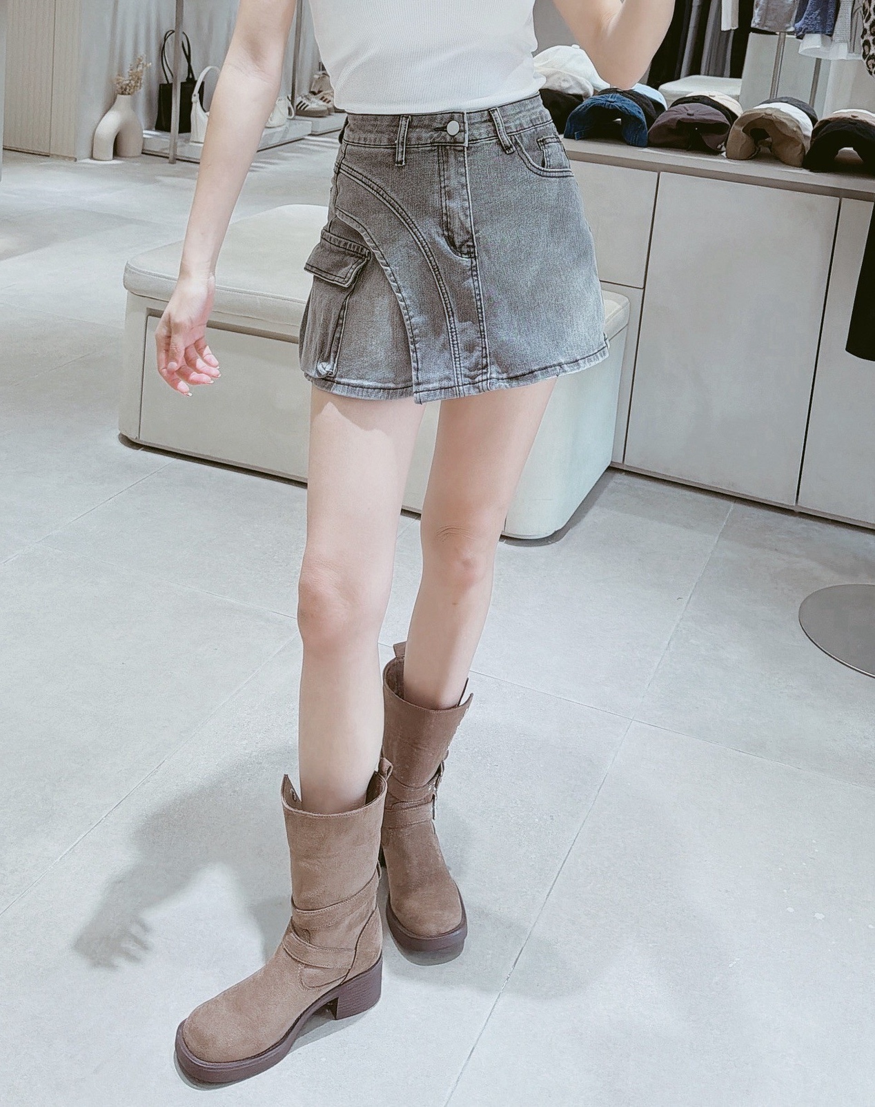 斜邊側口袋牛仔褲裙 8009淺藍 8010煙灰