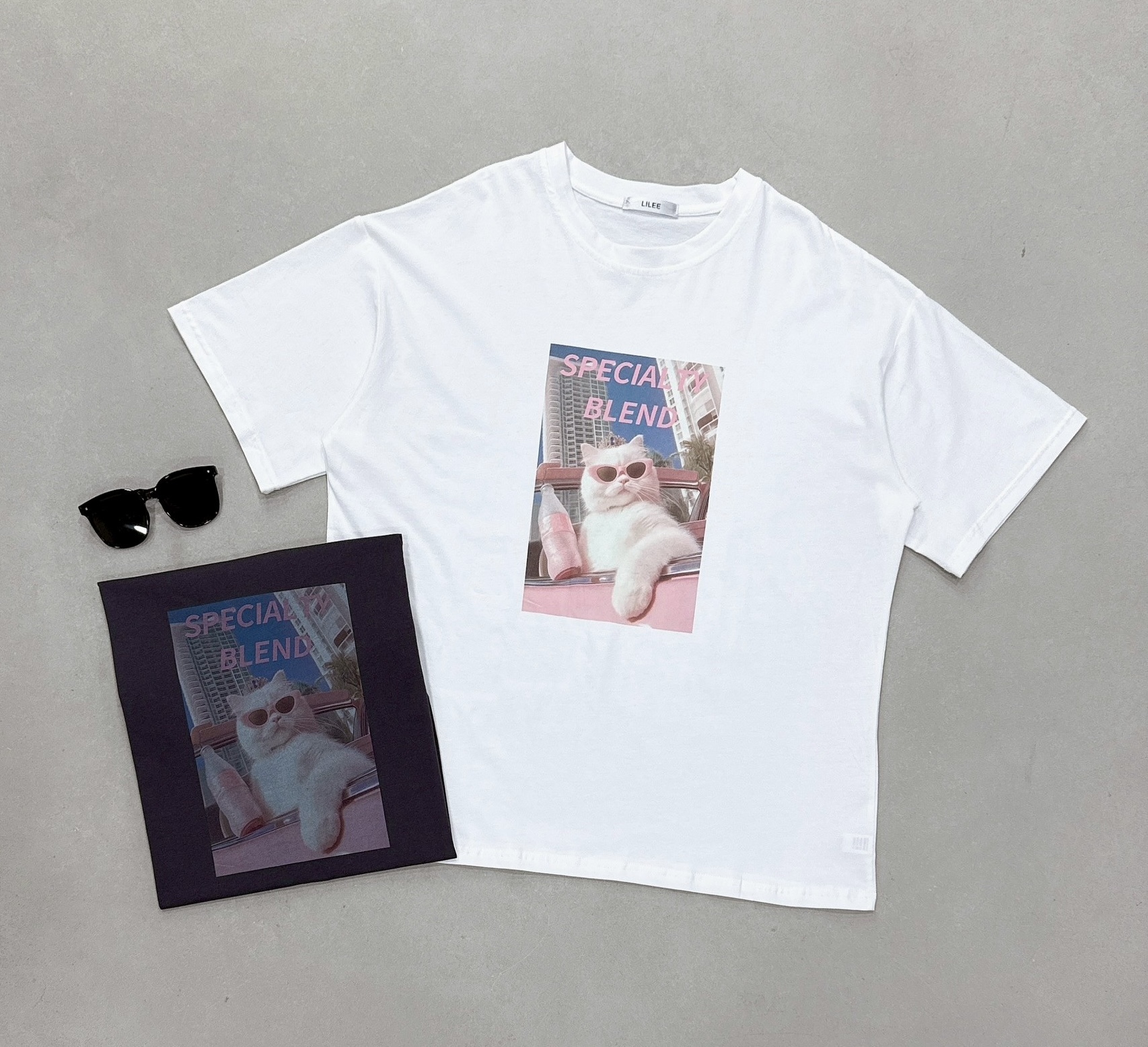 粉字墨鏡貓大廈圖案棉質衣