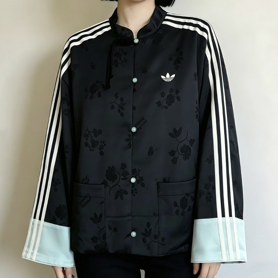 ADIDAS NEW CHINESE 黑色 緞面 提花暗紋 新中式 外套 寬鬆 KY5741