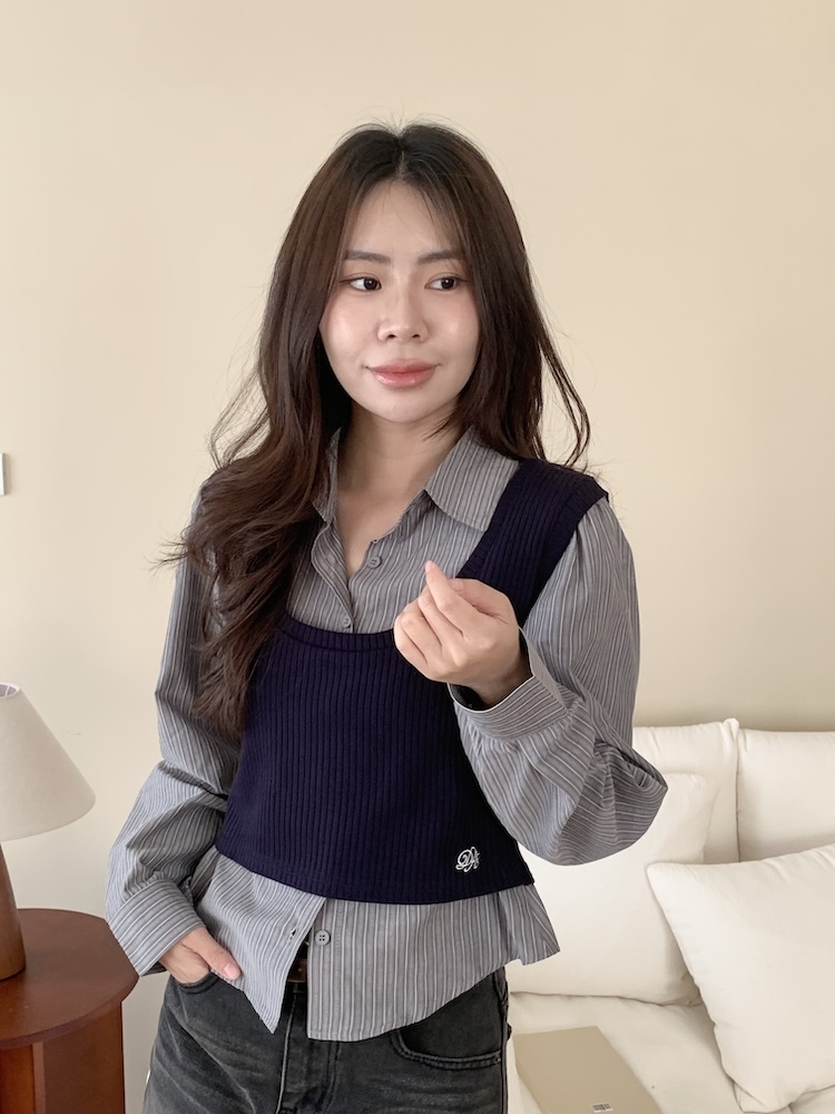 條紋背心假兩件襯衫