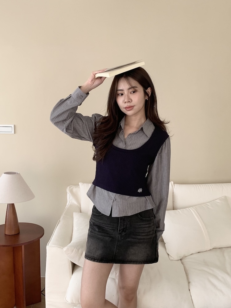 條紋背心假兩件襯衫