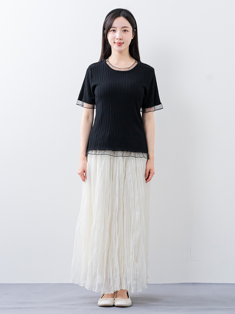 網紗羅紋涼感五分袖上衣壓褶雙層柔紗長裙組合
