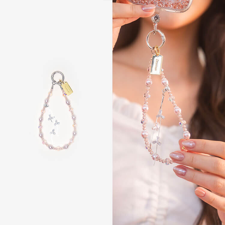 粉韻鑲珠浪漫風鈴 串珠手腕繩 短掛繩  珍珠掛繩 手機掛繩