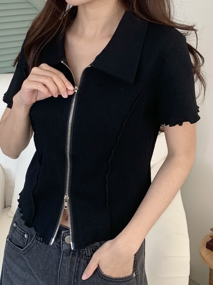 雙拉鍊翻領超顯瘦上衣