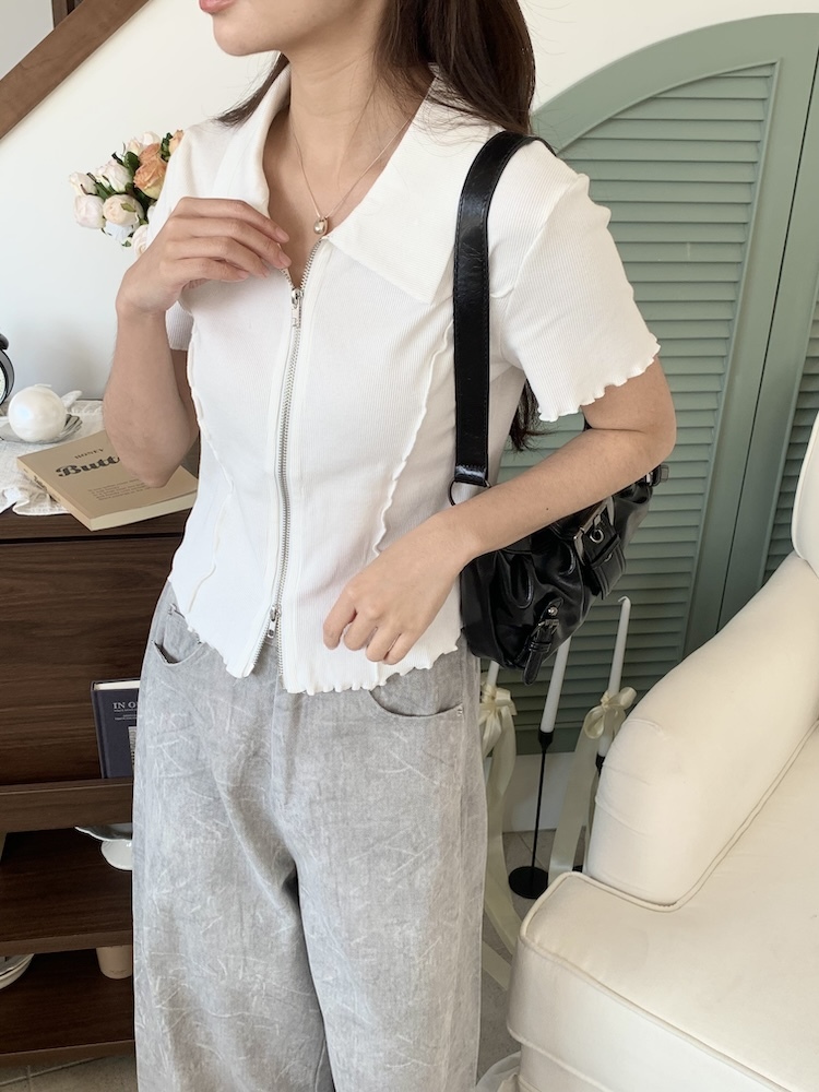 雙拉鍊翻領超顯瘦上衣