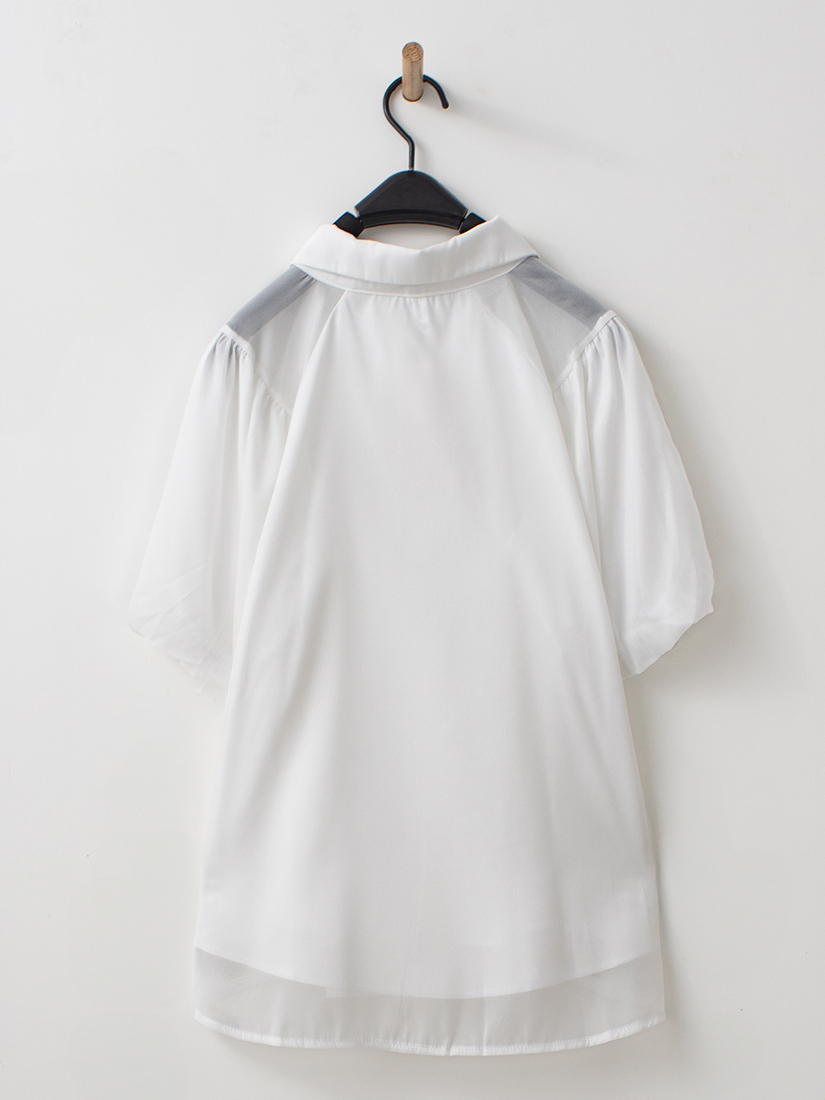 日系優雅珍珠光透色拼接花苞袖層次襯衫