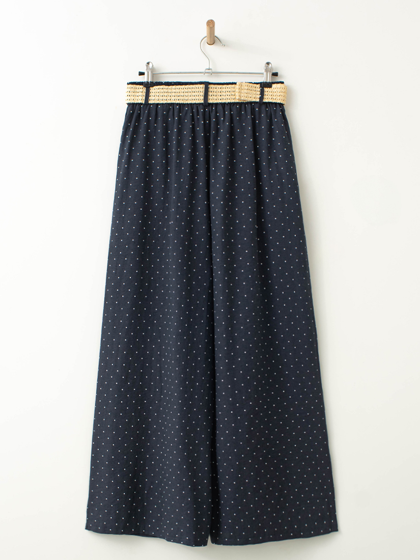 清新棉麻感點點印花九分寬褲(附編織腰帶)
