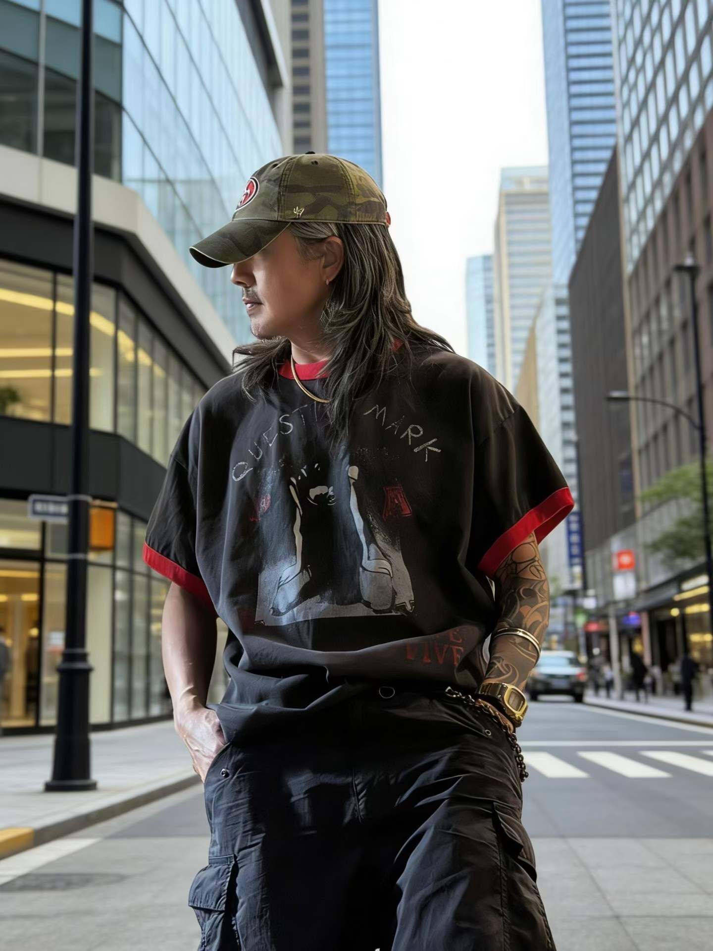 《S.V》黑白人像撞色滾邊短T