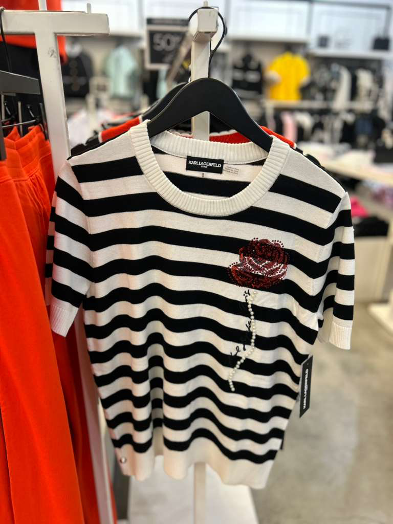 YL044 Karl Lagerfeld 黑白橫間玫瑰花短袖女裝上衣