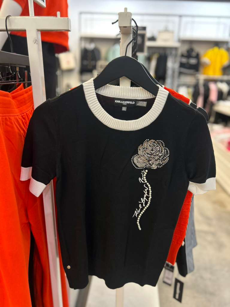 YL045 Karl Lagerfeld 閃閃玫瑰花黑色女裝上衣