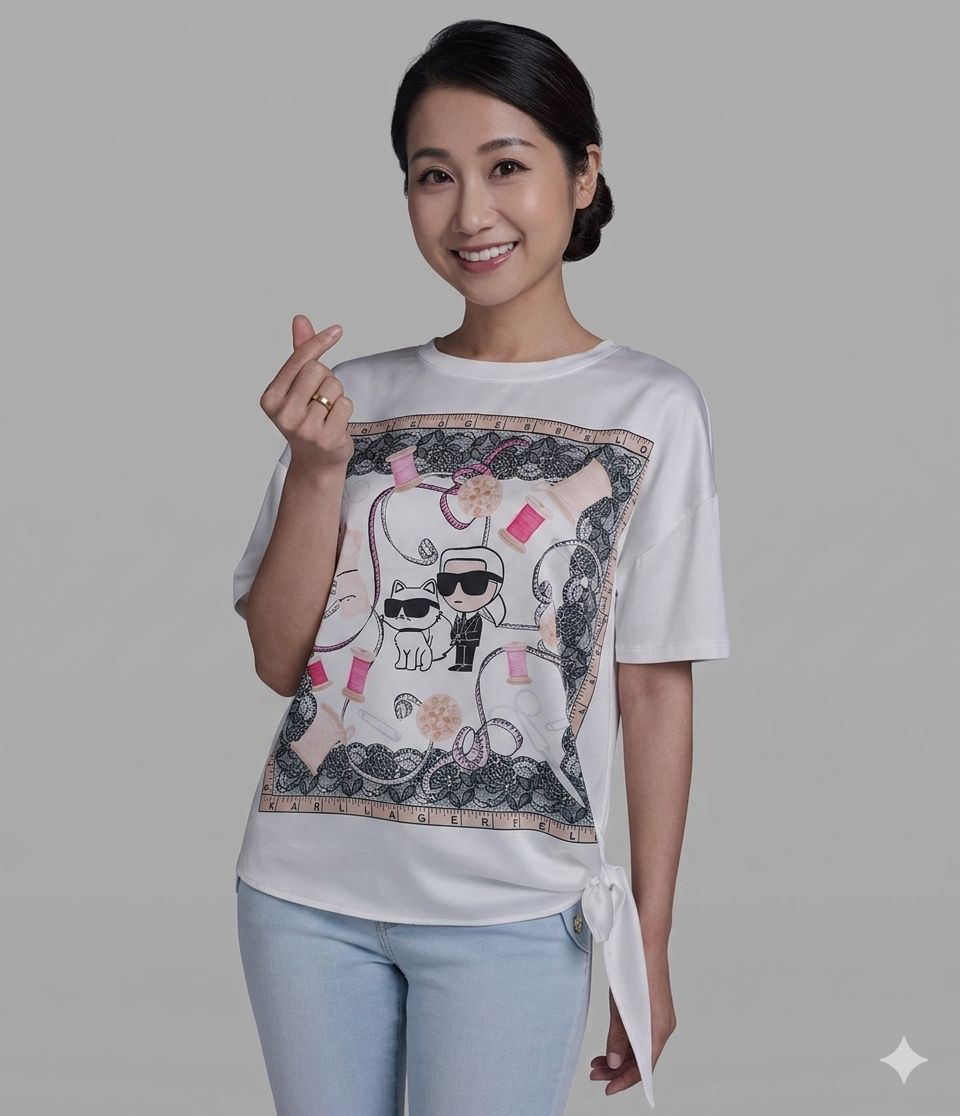 YL058 Karl Lagerfeld 針線老佛爺與貓LOGO女裝TEE 白色