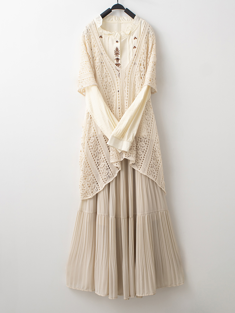 簍空針織罩衫荷葉刺繡壓褶襯衫雪紡蛋糕長裙組合
