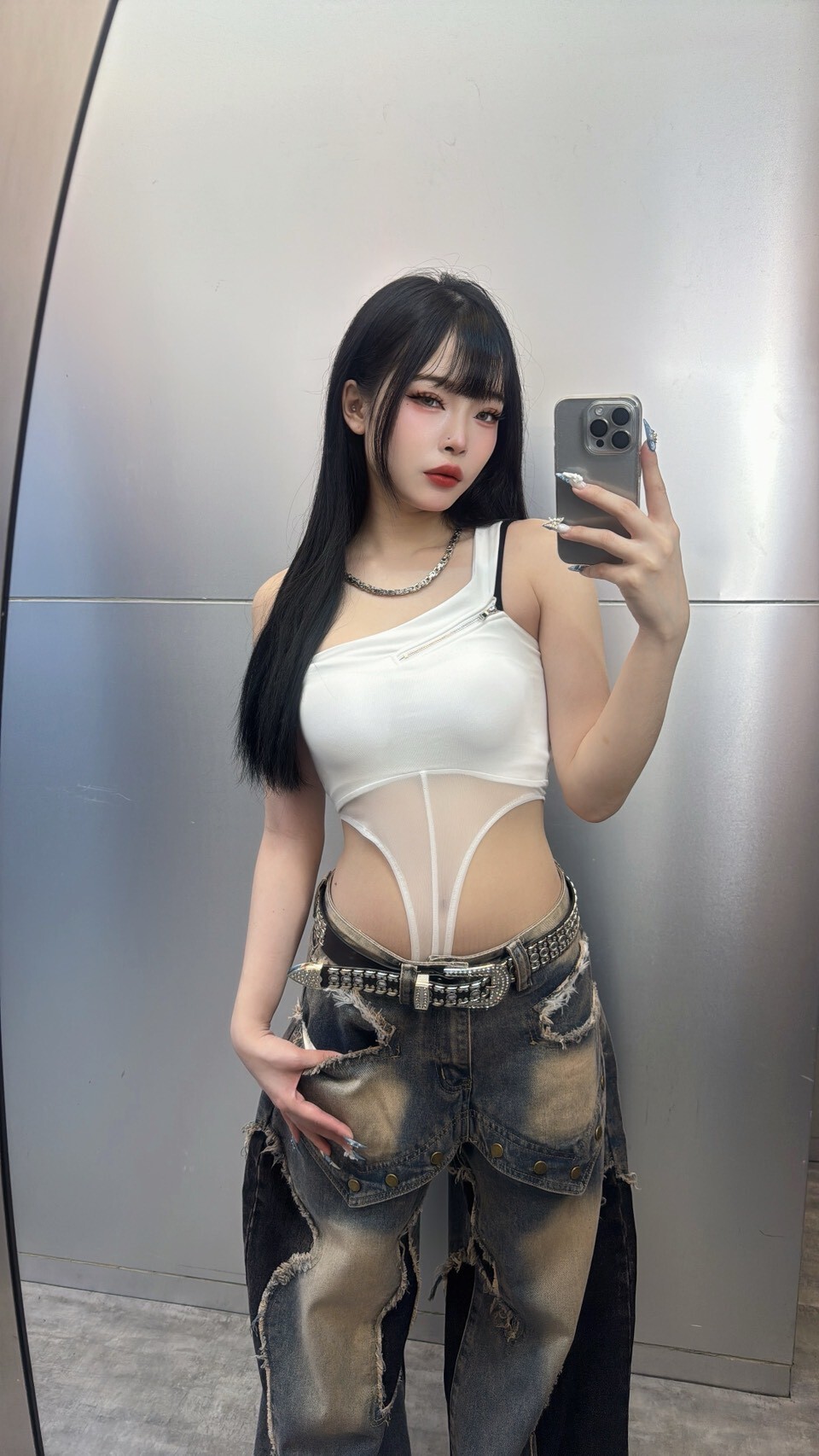 單肩拚紗連體背心