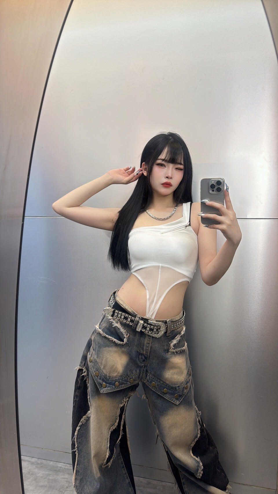 單肩拚紗連體背心