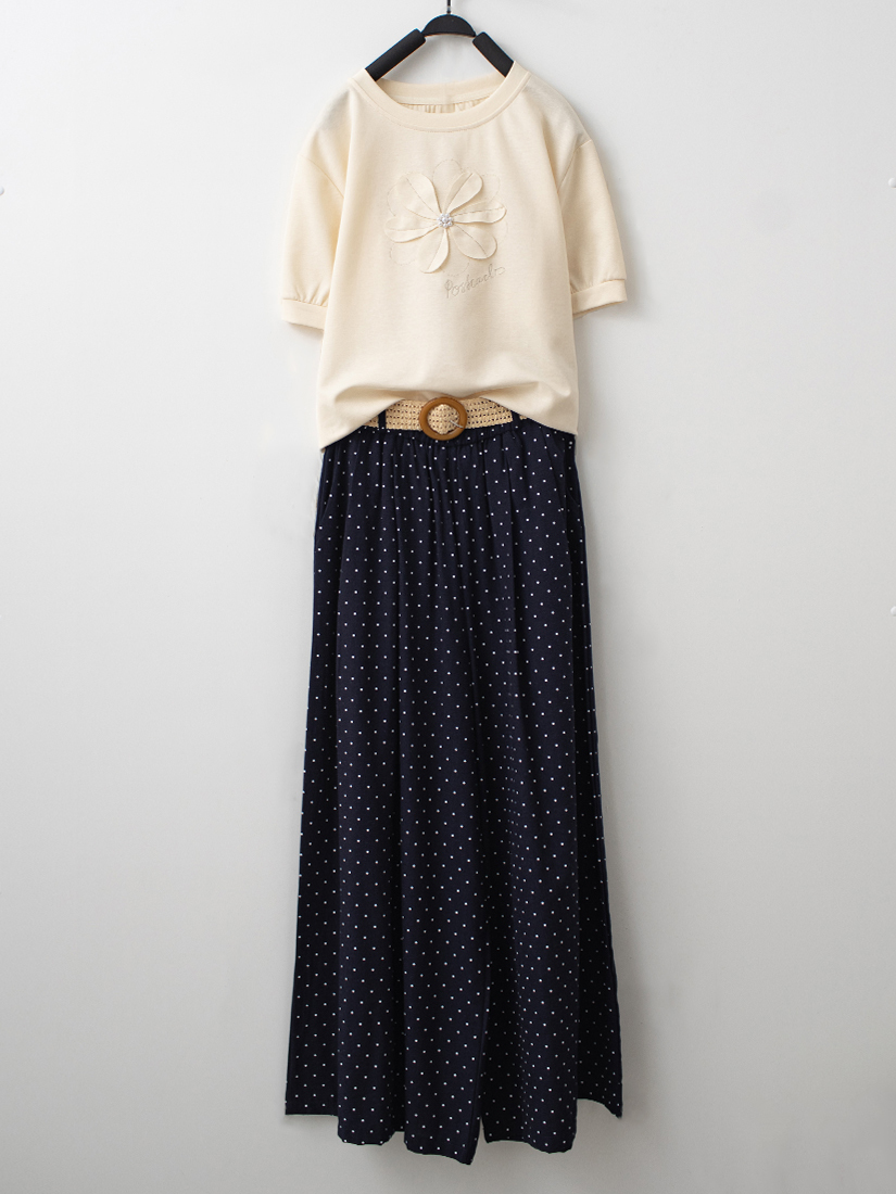 珍珠刺繡圓領上衣棉麻感點點九分寬褲組合