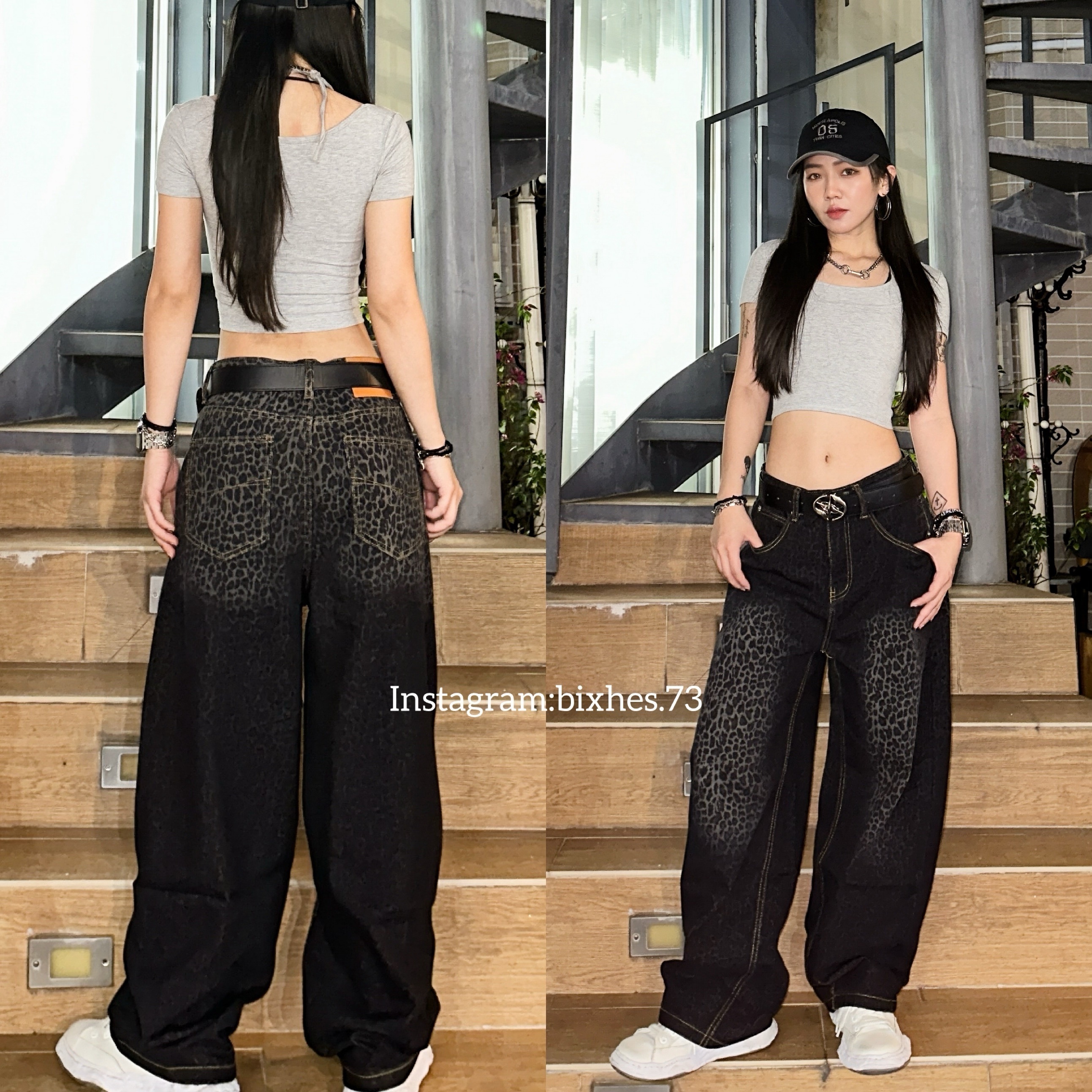 漸層黑底豹紋牛仔褲(E00061)