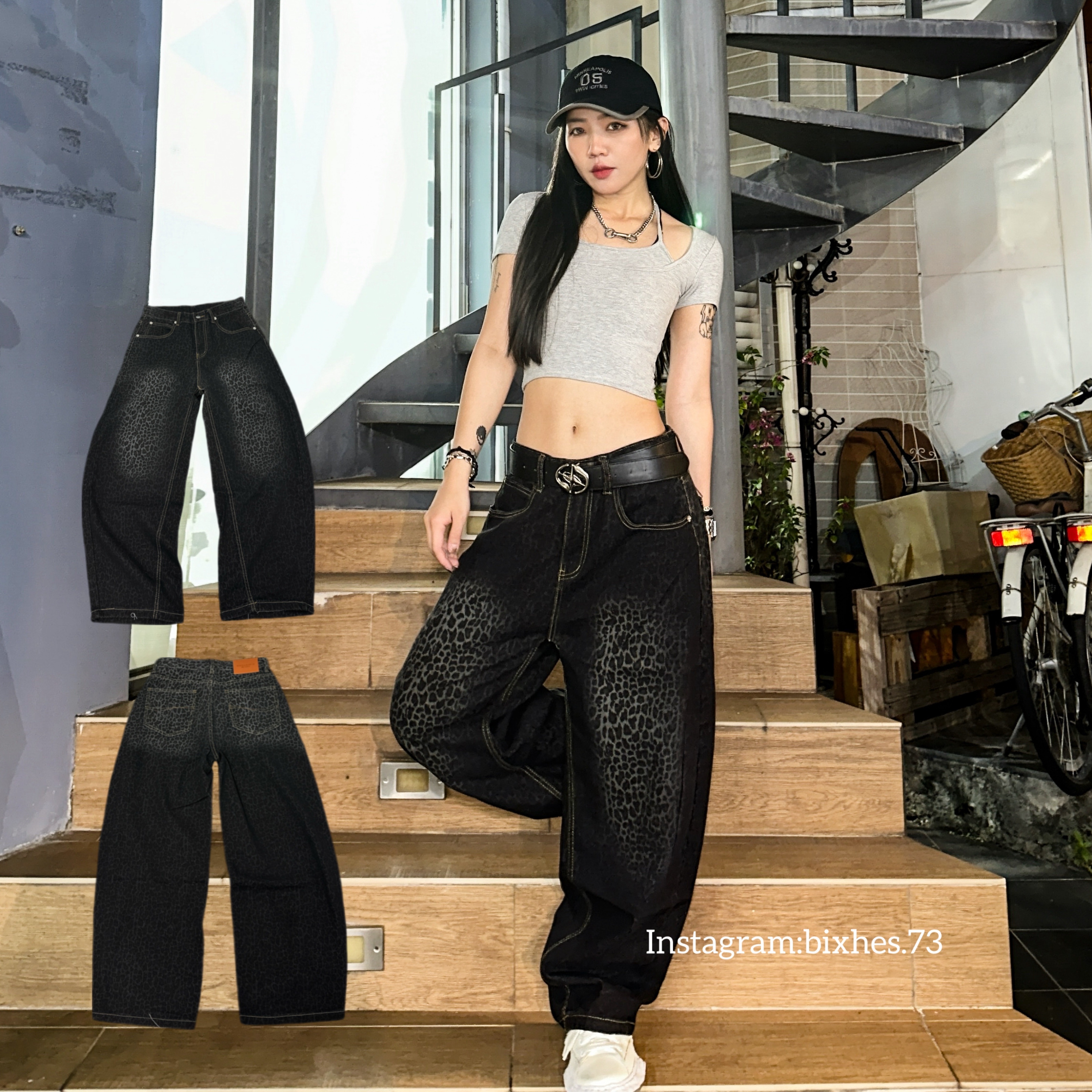 漸層黑底豹紋牛仔褲(E00061)