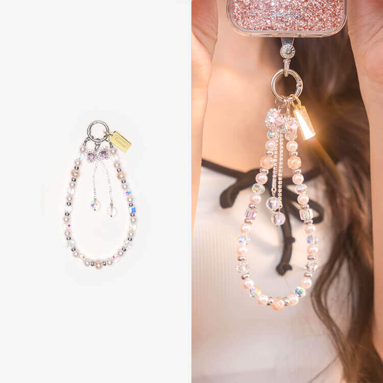 蝴蝶結戀愛粉晶混珍珠  串珠手腕繩 短掛繩  水晶掛繩 手機掛繩