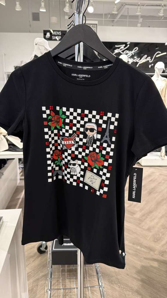 YL078 Karl Lagerfeld 老佛爺與貓玫瑰花TEE 黑色