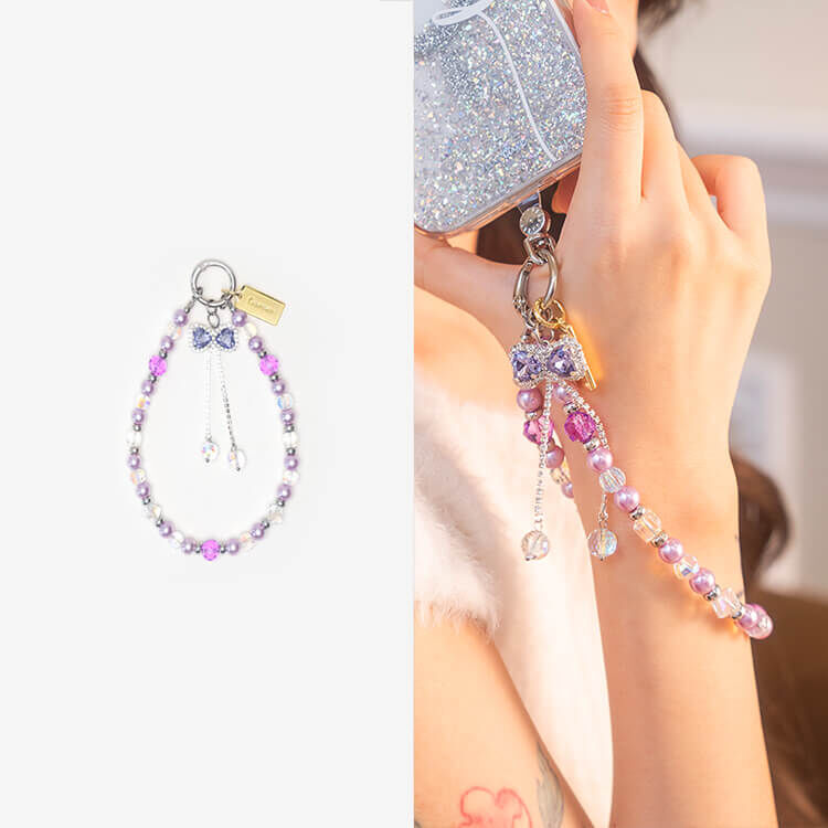 蝴蝶結戀愛紫晶混珍珠 串珠手腕繩 短掛繩  水晶掛繩 手機掛繩