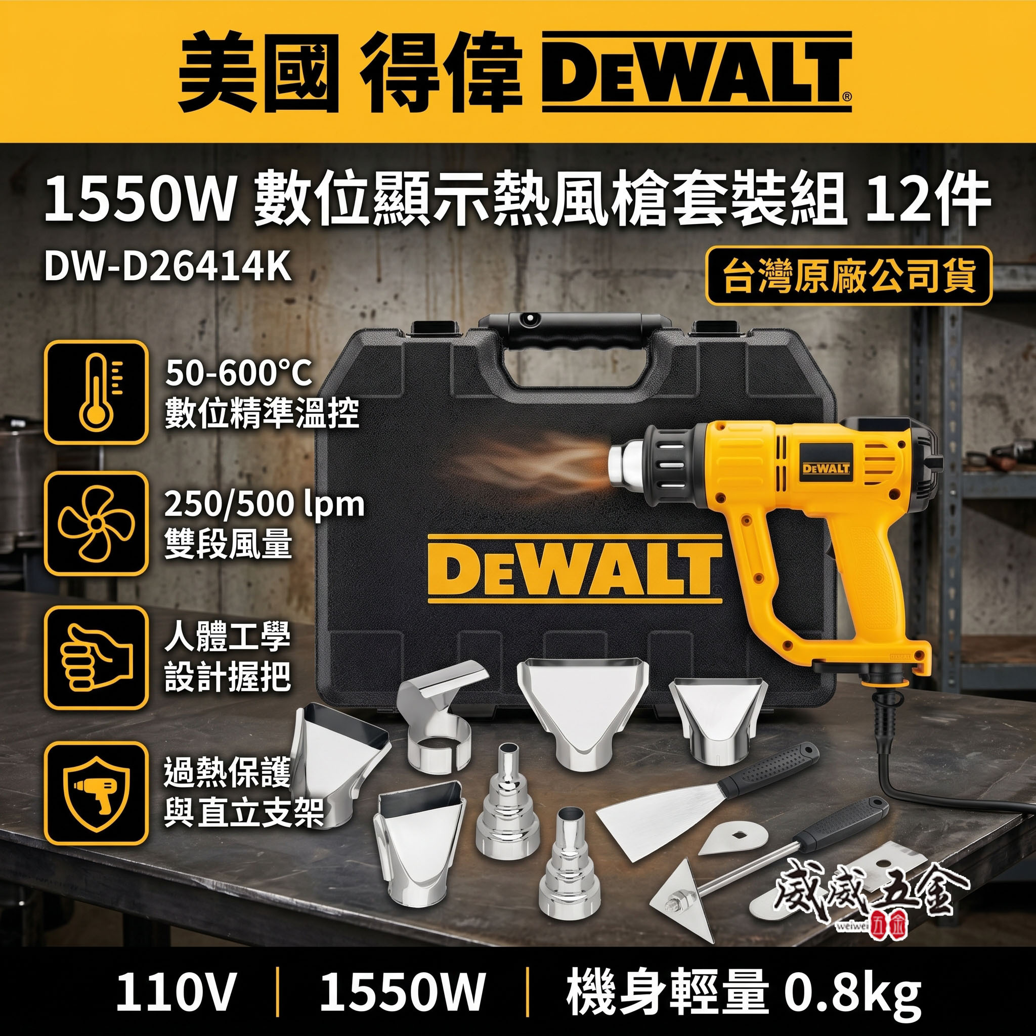 DEWALT 美國 得偉｜1550W 插電熱風機 插電式數位顯示熱風槍｜D26414K｜配件附工具箱｜公司貨 D26414