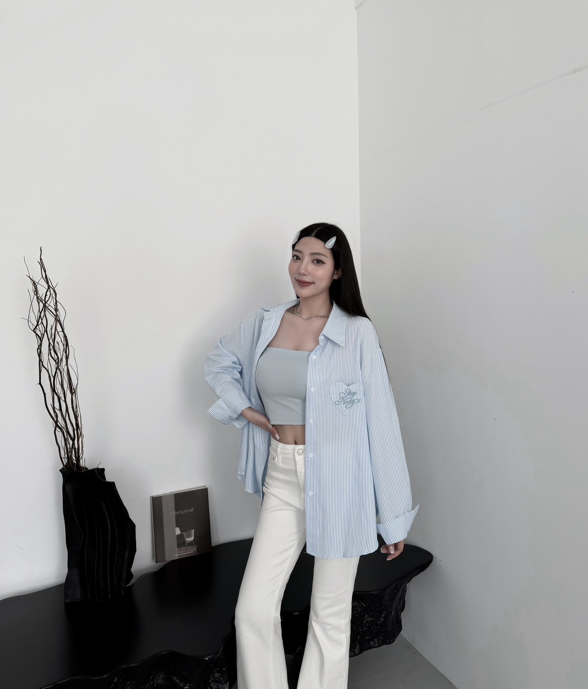 [新品九折優惠] 🇹🇼Stay Nasty 刺繡愛心條紋襯衫+同色平口set｜店主大愛的訂製款!