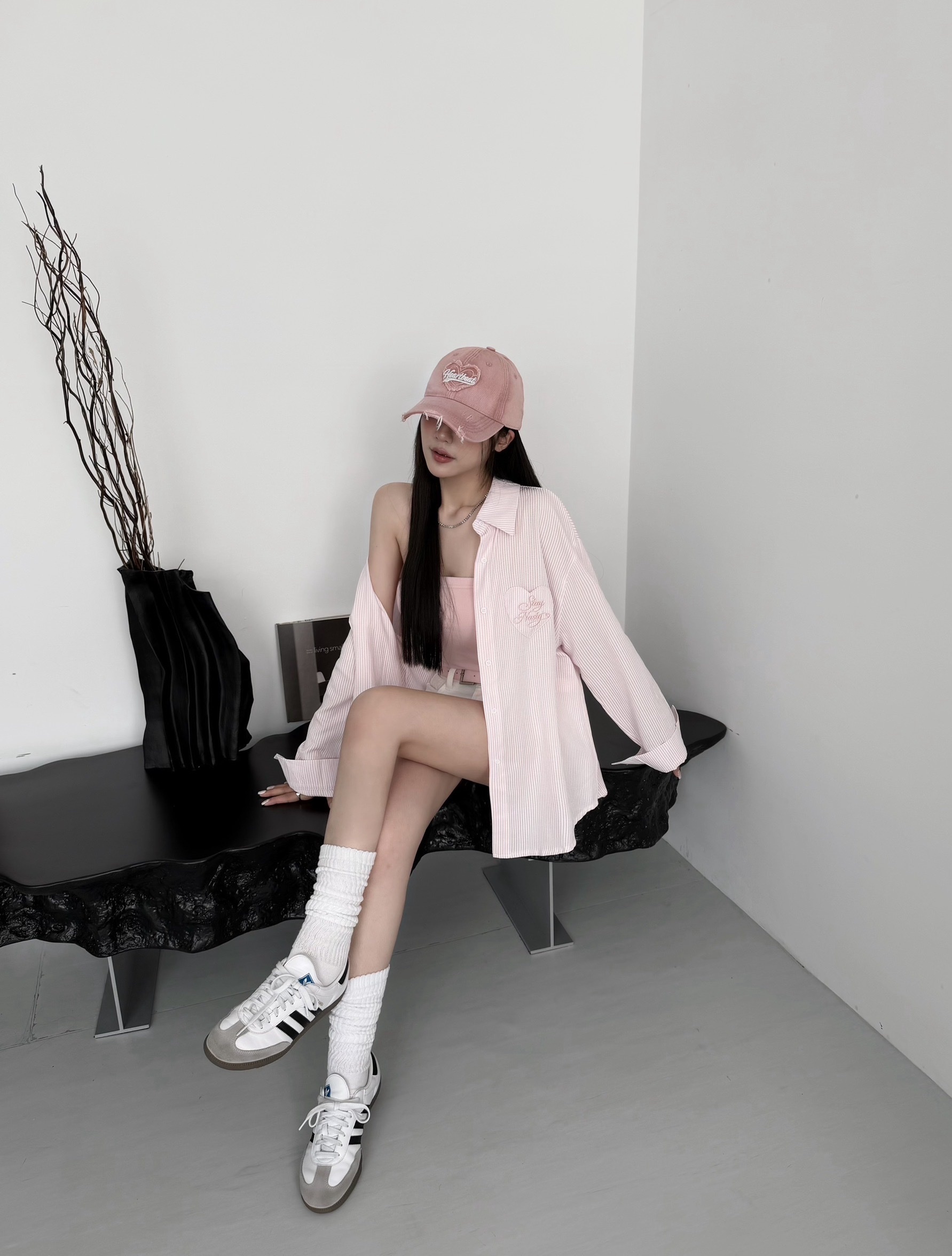 [新品九折優惠] 🇹🇼Stay Nasty 刺繡愛心條紋襯衫+同色平口set｜店主大愛的訂製款!